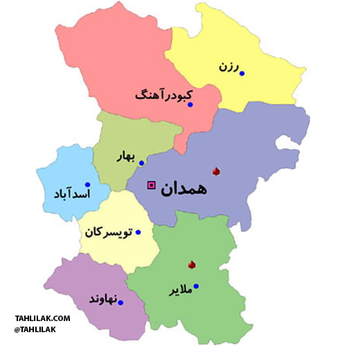 نقشه شهرستان های استان همدان