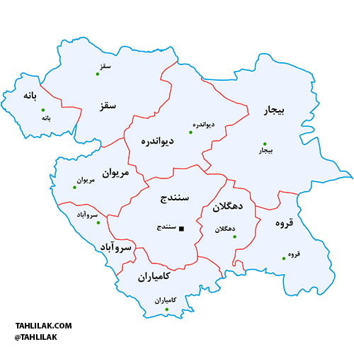 نقشه شهرستان های استان کردستان