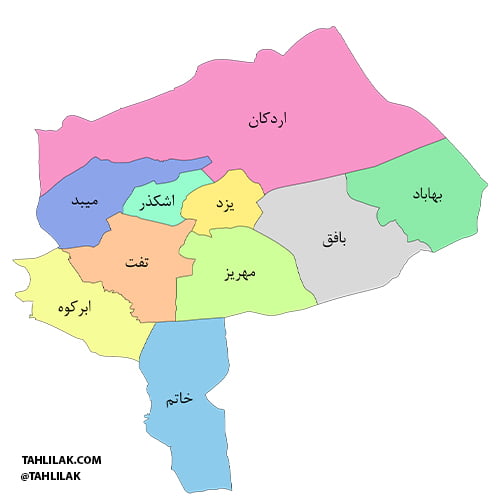 نقشه و شهرستان های استان یزد