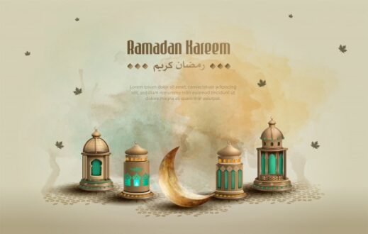 islamic greeting ramadan kareem card design background with beautiful lanterns crescent moon 117489 117
